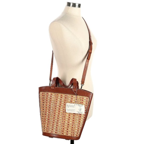 MaxMara Handbags - Max Mara Bucket Bag Woven Rattan Leather Satchel Tote Natural Tan Beige Brown
